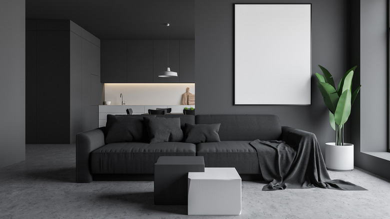 black sofa in Industrial-style room