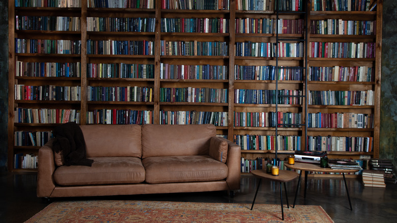 study room with brown sofa