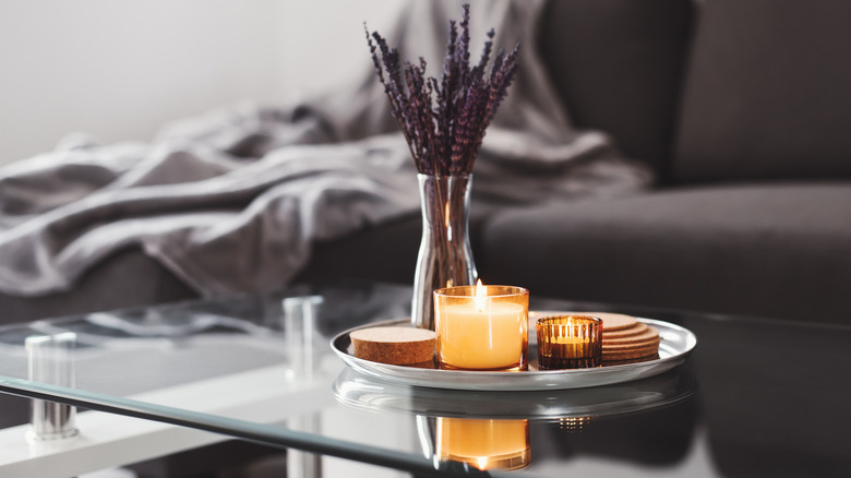 Decor tray on coffee table 