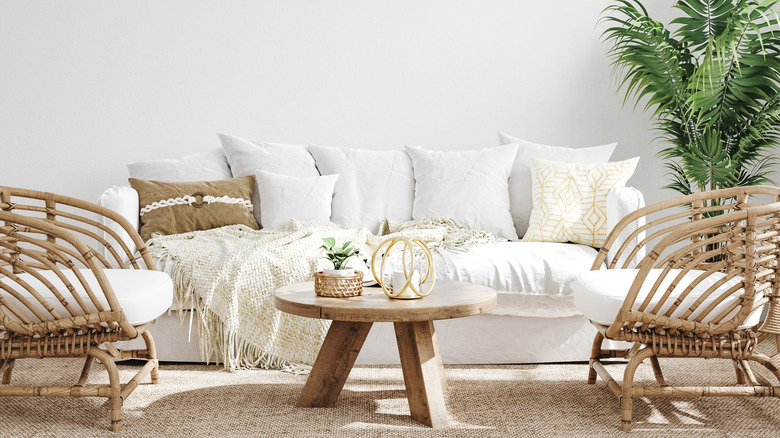 room with white couch and wood chairs