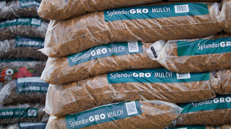 Stacked bags of mulch