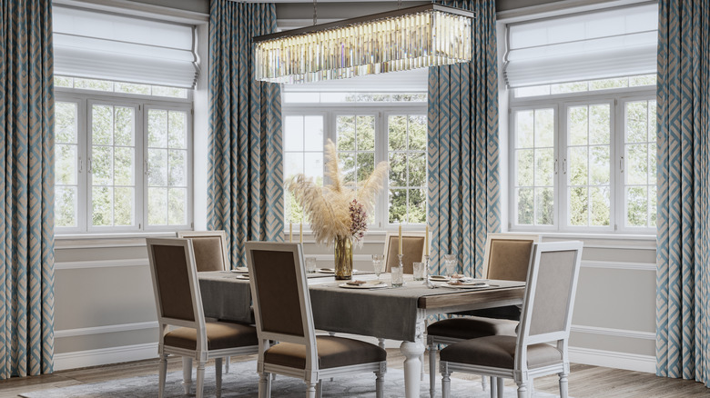 dining room chandelier and curtains