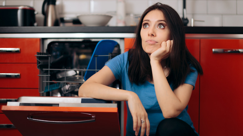 woman sat by broken dishwasher