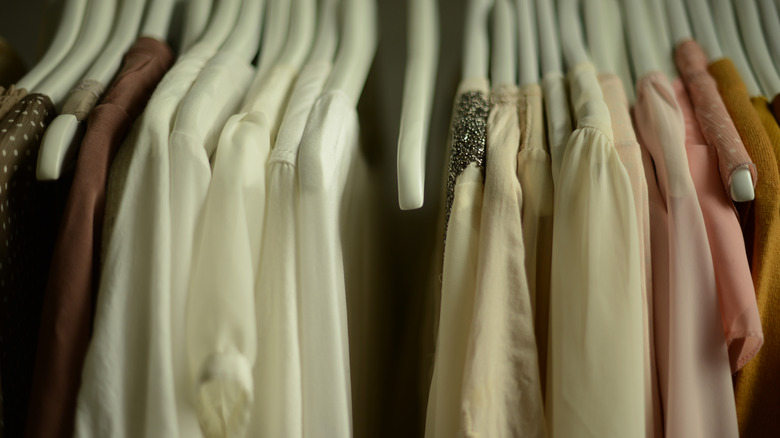 blouses on white hangers in delicate fabrics