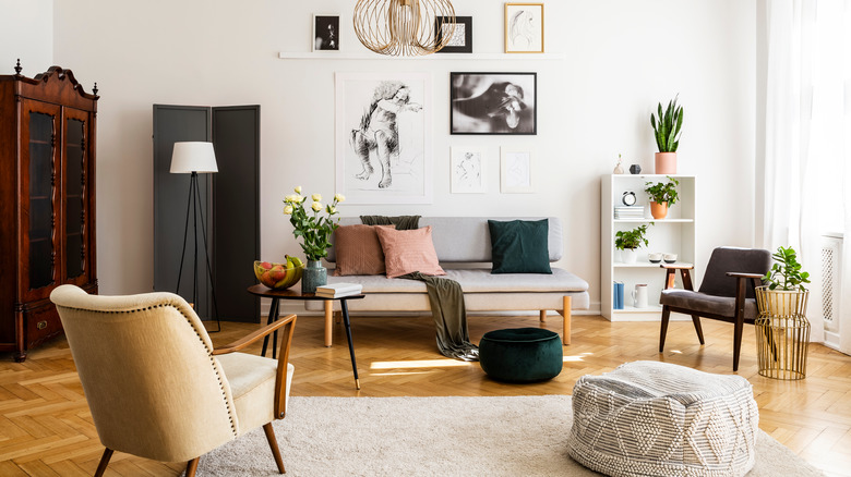 living room with various potted plants