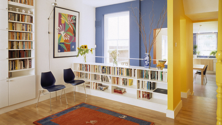 blue and yellow interior with white accents