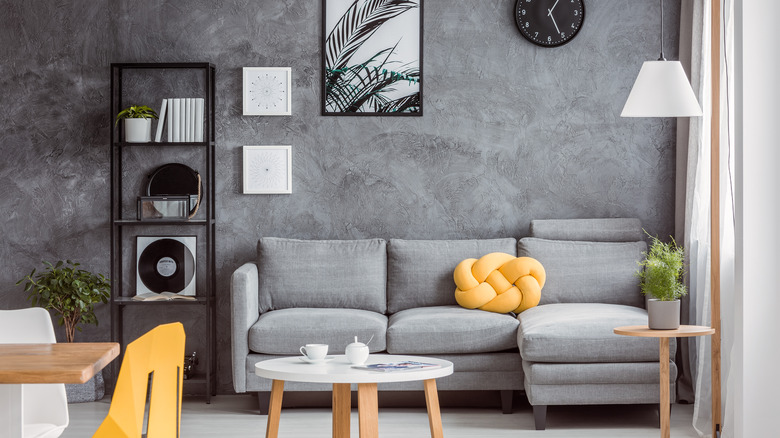 gray walls and sofa