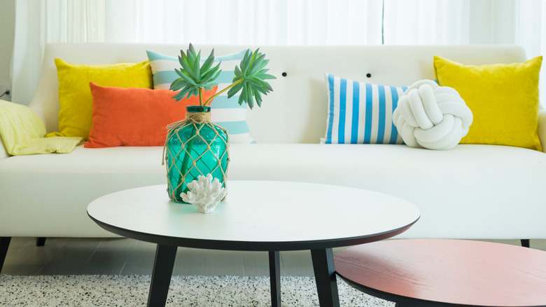 striped accent pillows on couch 