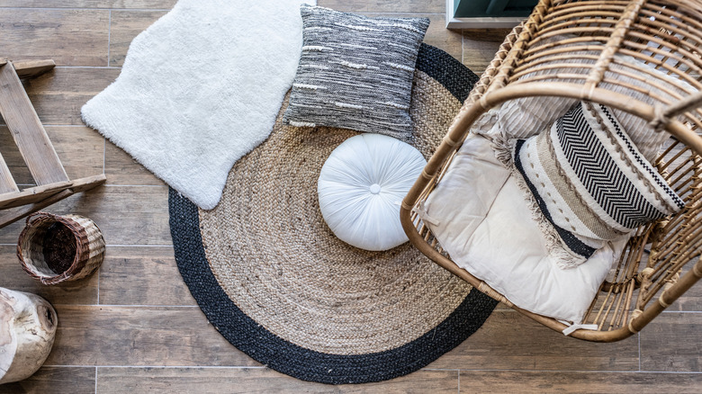 Braided circular rug with pillows