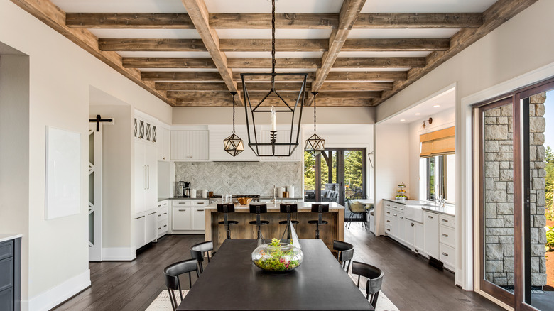 wood beams in dining area