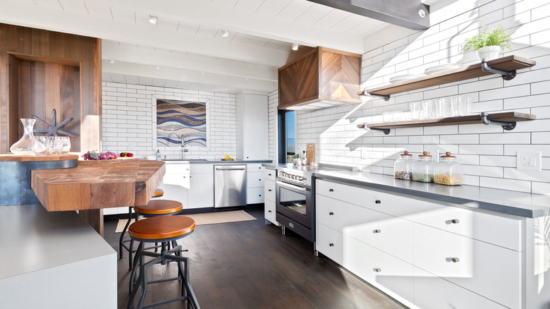 industrial kitchen with subway tile