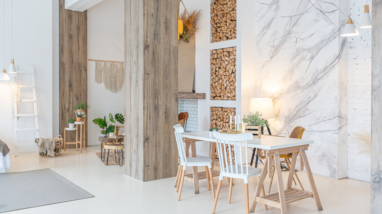 wood columns in loft dining room