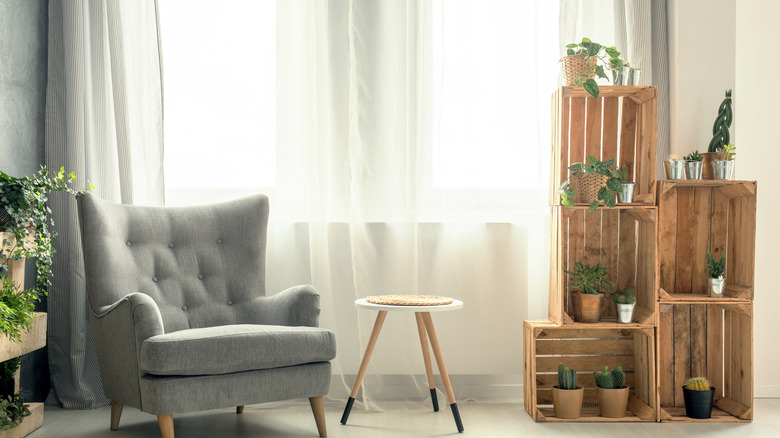 wooden crates in sitting area