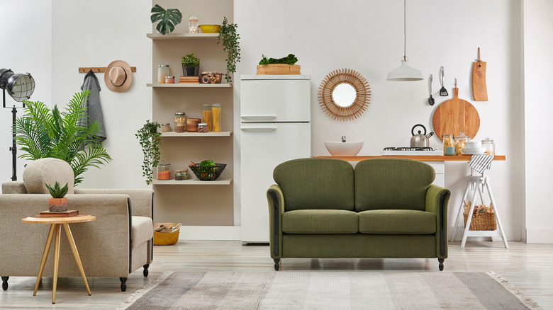 green sofa and gray rug