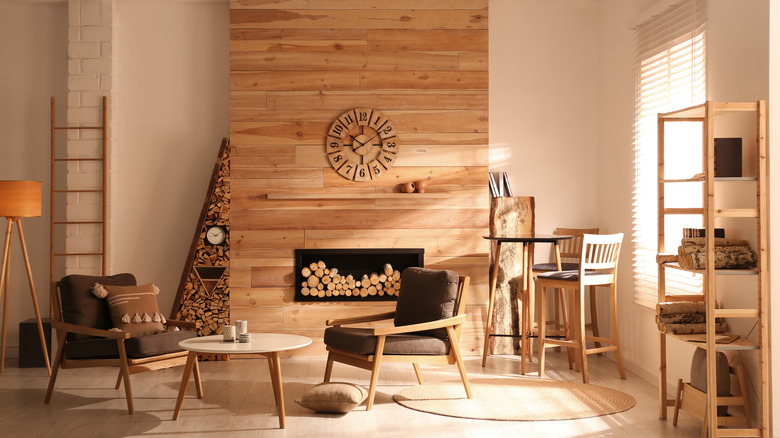 wood fireplace in living room