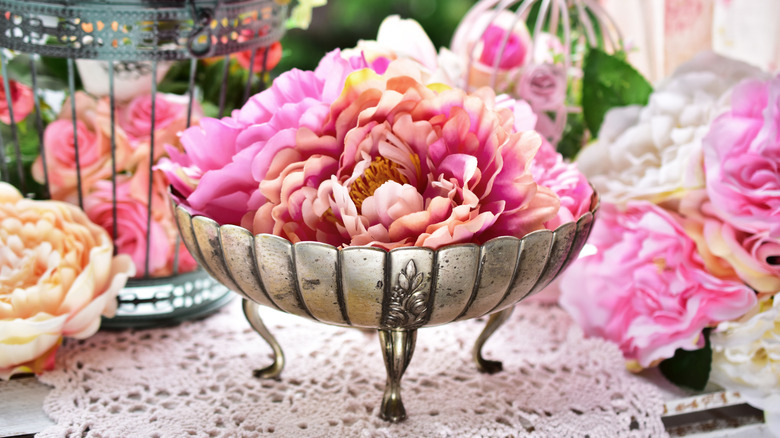 antique silver bowl with flowers