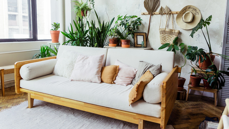 textured neutral pillows on sofa 