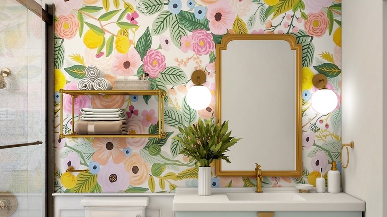 bright floral wallpaper in bathroom