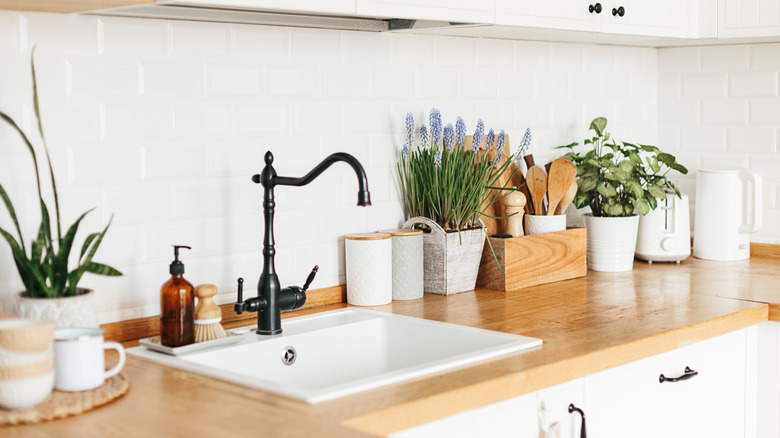 black faucet over kitchen sink