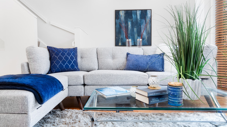 blue throw pillows on gray couch