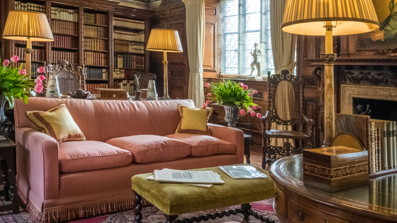 pink couch by bookshelf