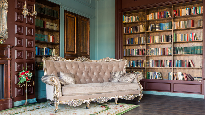 elegant couch with bookshelves