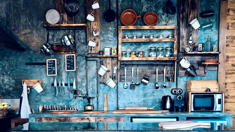 blue and wood kitchen