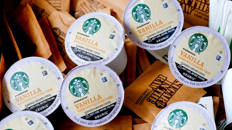 Starbucks coffee pods on brown sugar packets