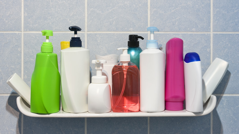 bottles on shelf in shower