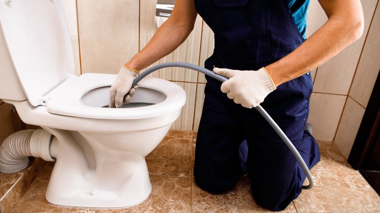 Plumber unclogging toilet with auger