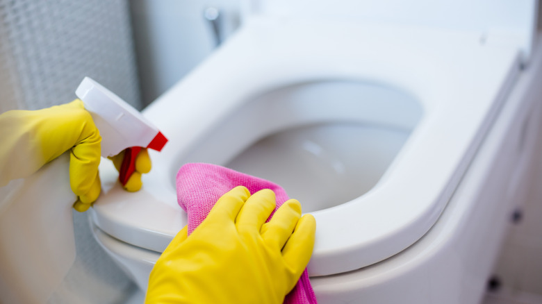 Gloved hands cleaning toilet seat