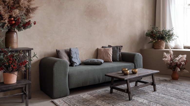 Bohemian living room interior with a limewash wall