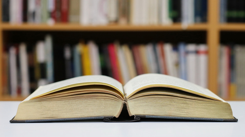 Open book in front of bookshelf