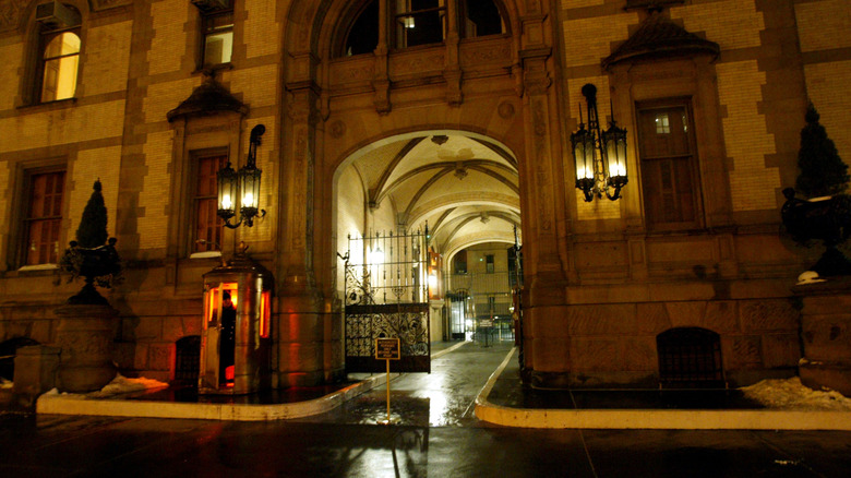 The entrance to the Dakota at night 