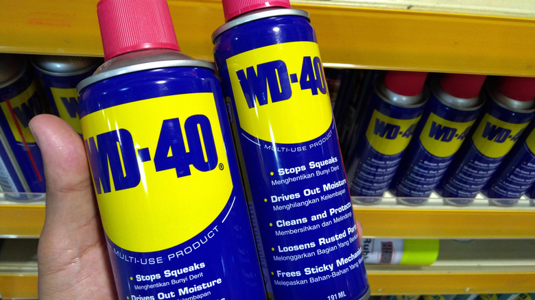 hand holding WD-40 cans