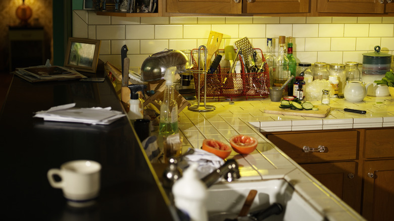 Cluttered kitchen countertops