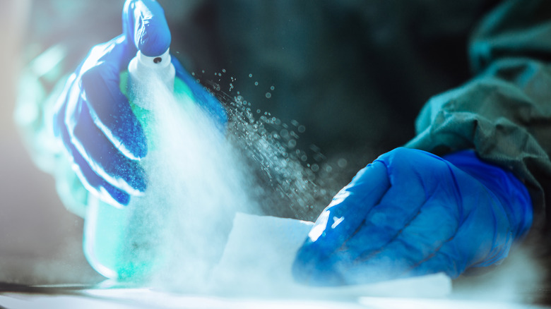 gloved hands spraying liquid on surface