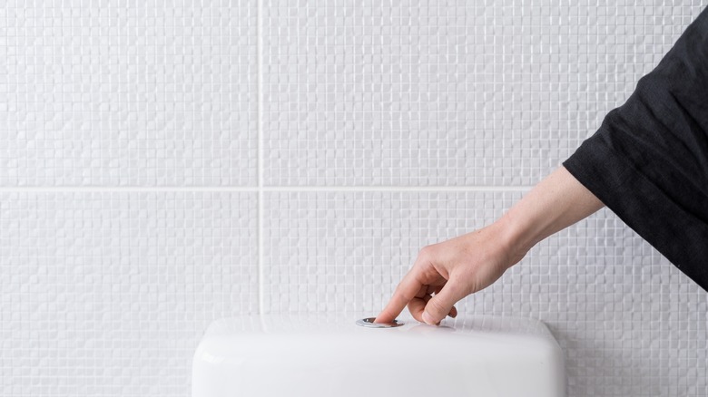 Person flushing a toilet