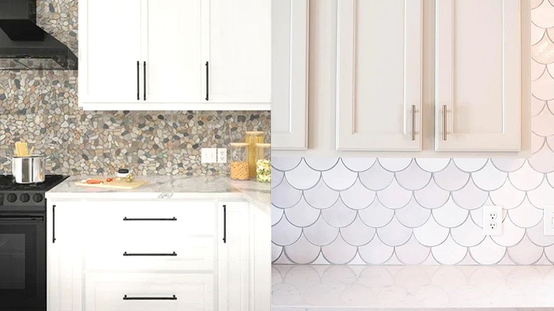 Split image of a kitchen with a pebble tile backsplash on the left, and a fish scale tiles backsplash on the right