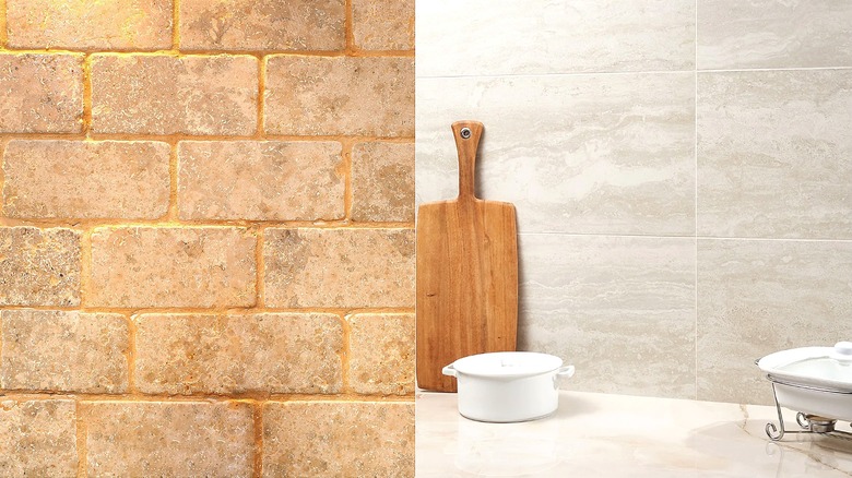 Split image with natural stone tiles on the left, and a kitchen backsplash with faux natural stone tiles on the right