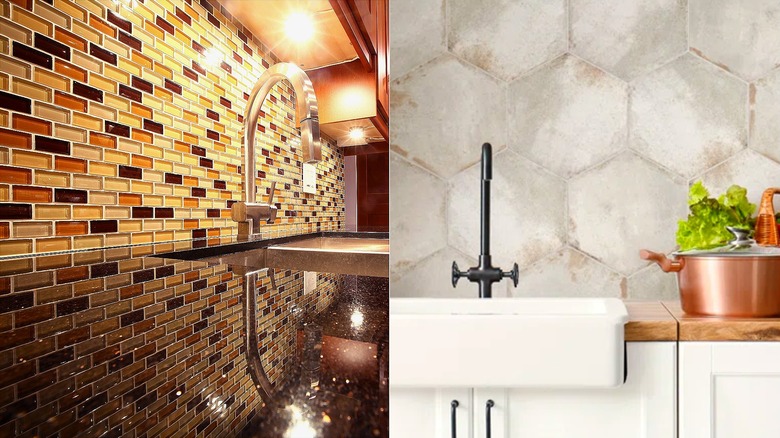 Split image of a kitchen with a colorful mosaic tile backsplash on the left, and a gray hexagonal tile backsplash on the right