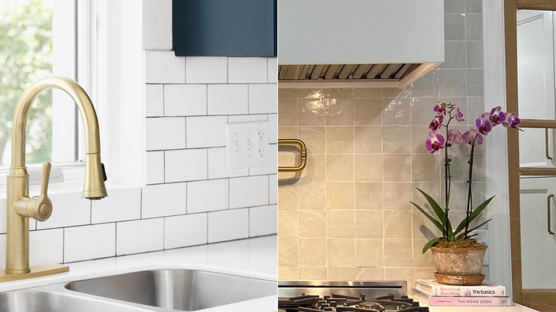 Split image of two different kitchens, the left one has white subway tile and the right has a gray variegated tile backsplash