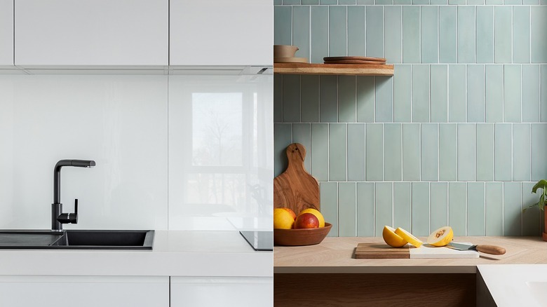 Split image of two kitchen backsplashes, the left features white glossy tiles and the right features matte light blue tiles