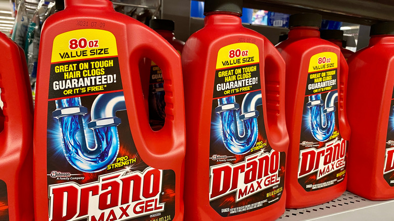 Several bottles of Drano max gel on shelf