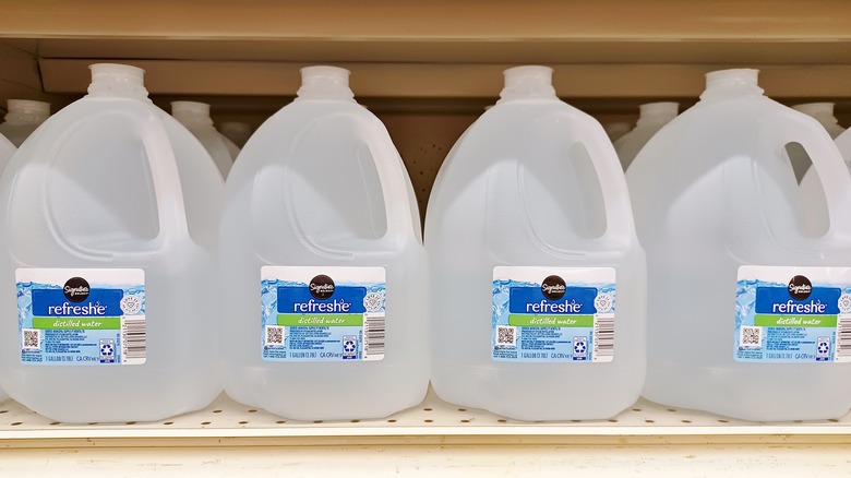 Distilled water jugs at grocery store