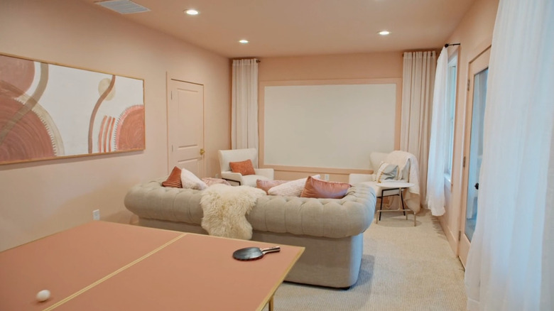 Pink home theater in Rock the Block basement