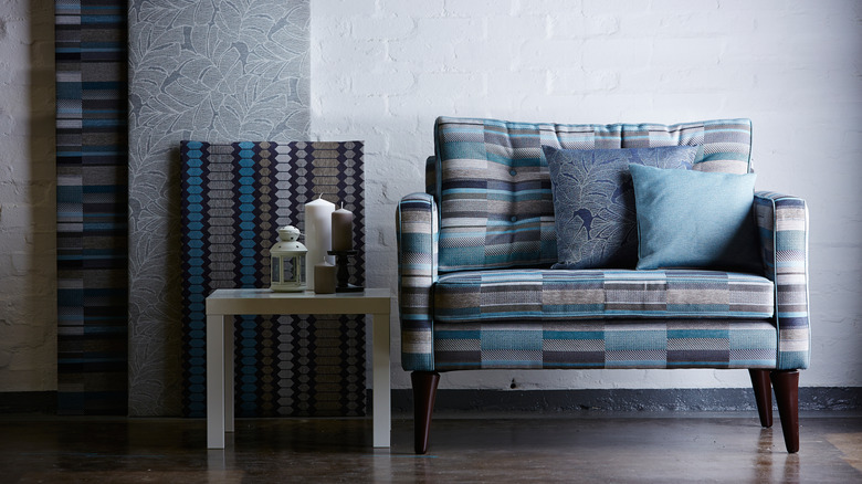 patterned blue gray sofa 