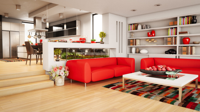 red couch in living room 