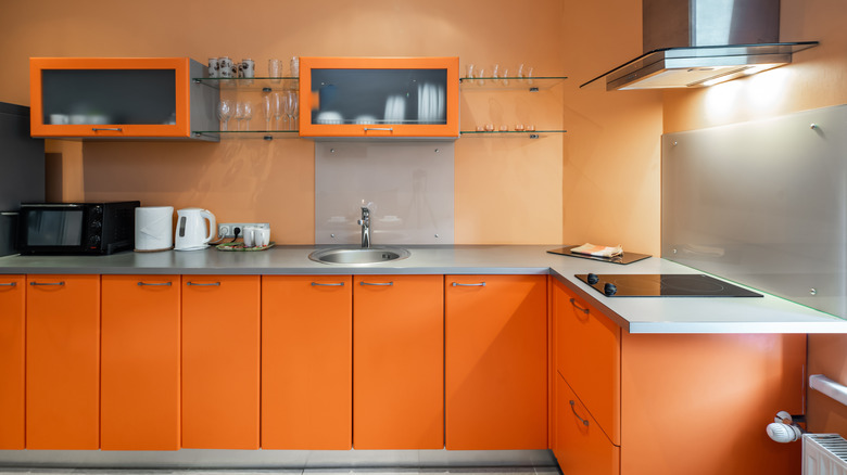 orange kitchen cabinets gray countertops