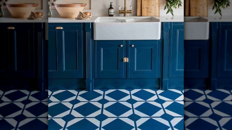 Blue kitchen floor tile and cabinets 